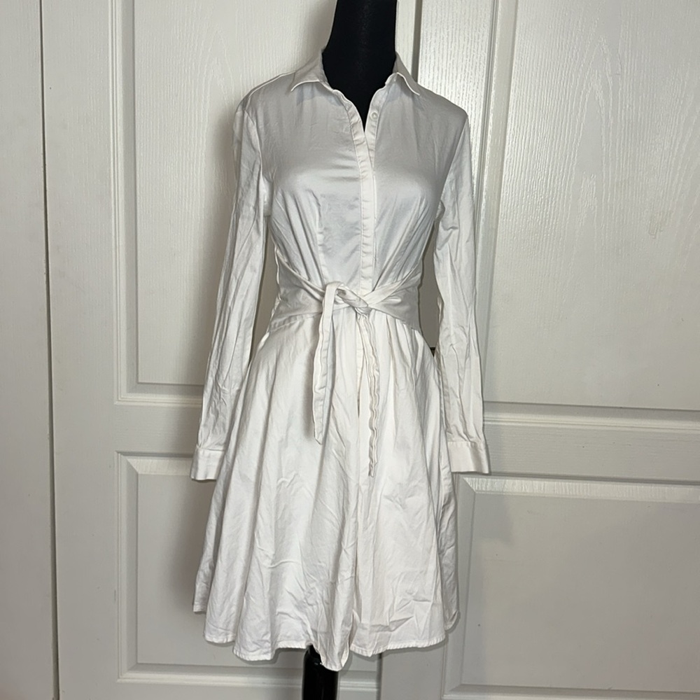 EXPRESS CLASSIC WHITE COLLARED BUTTON UP LONG SLEEVE TIE FRONT DRESS